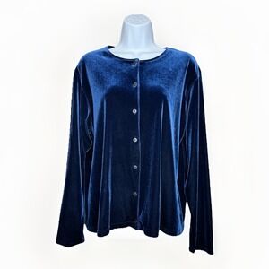 VTG NY‎ & Co Navy Blue Velvet Y2K Button Front Long Sleeve Top Blouse XL Jewel